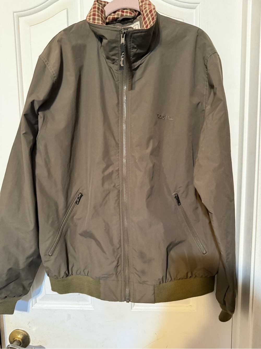 L.L. Bean Gray Lightweight Jacket with Red Plaid Lining